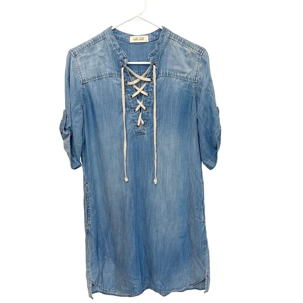 Bella Dahl Chambray Lace Up Shift Dress Tencel Lyocell Boho - Size Small